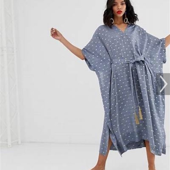 & Other Stories Other - & Other Stories Blue Gold Metallic Polka Dot Kaftan Sz. S